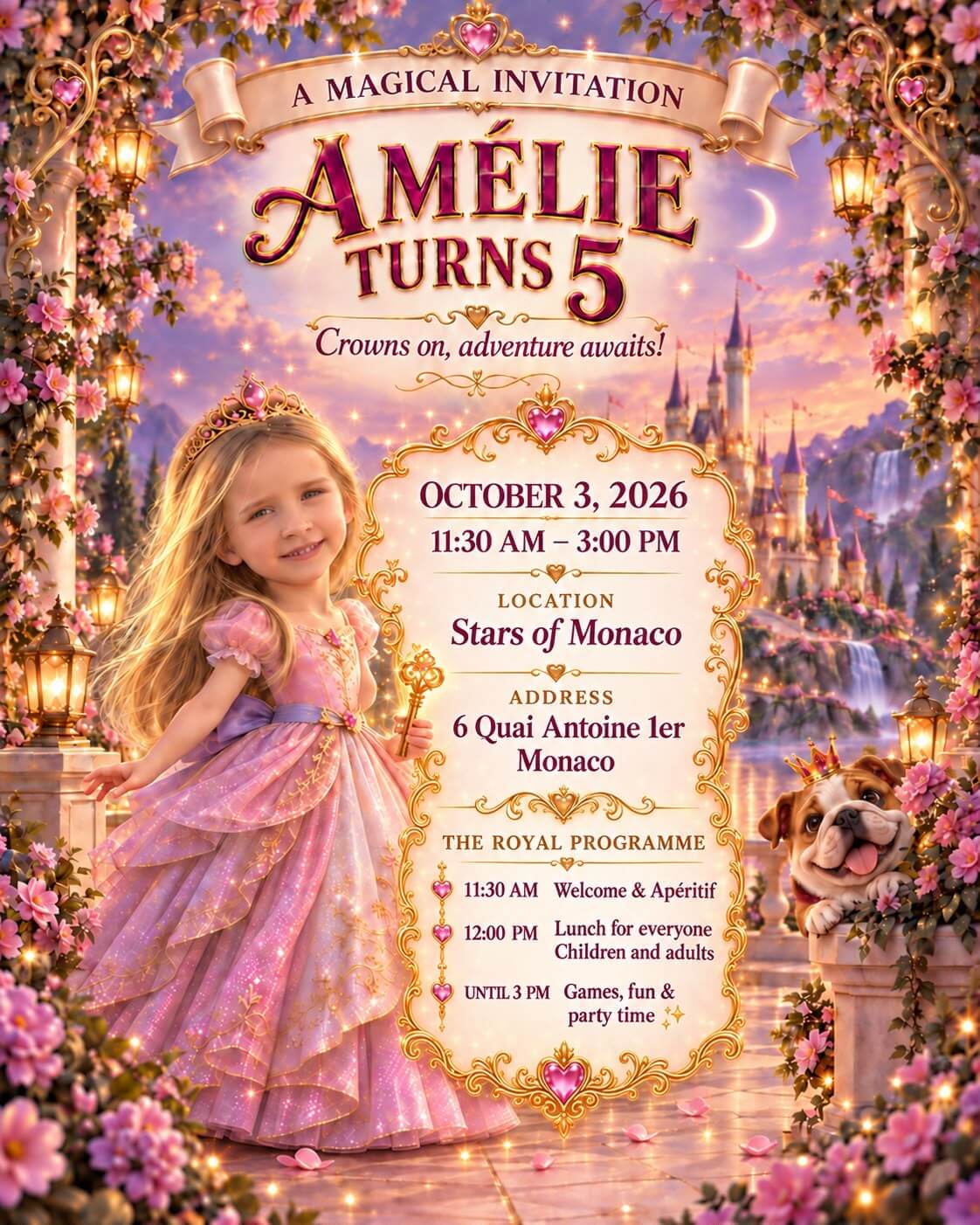 Amélie turns 5. October 3, 2026, 11:30 AM to 3:00 PM at Stars of Monaco, 6 Quai Antoine 1er, Monaco. Programme: 11:30 AM welcome and apéritif, 12:00 PM lunch for children and adults, until 3 PM games, fun and party time.
